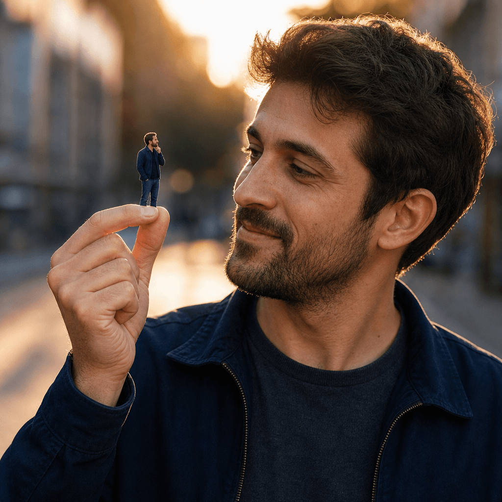 Outdoor golden-hour scene: a man in a casual navy jacket holds between two fingers a tiny miniature version of himself, 