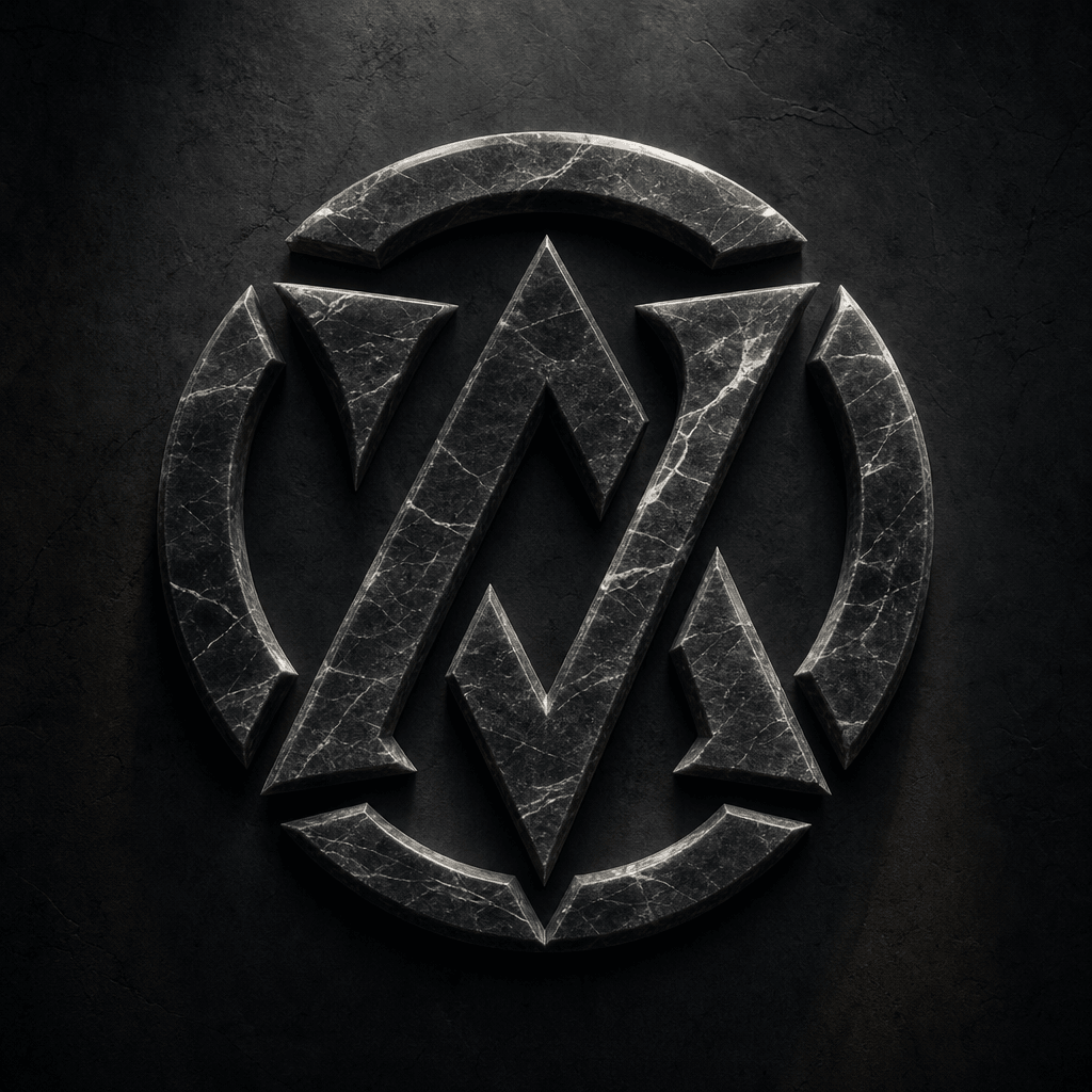 Abstract logo with marble stone texture, white veining, dark background with cinematic lighting showing dimensional carv