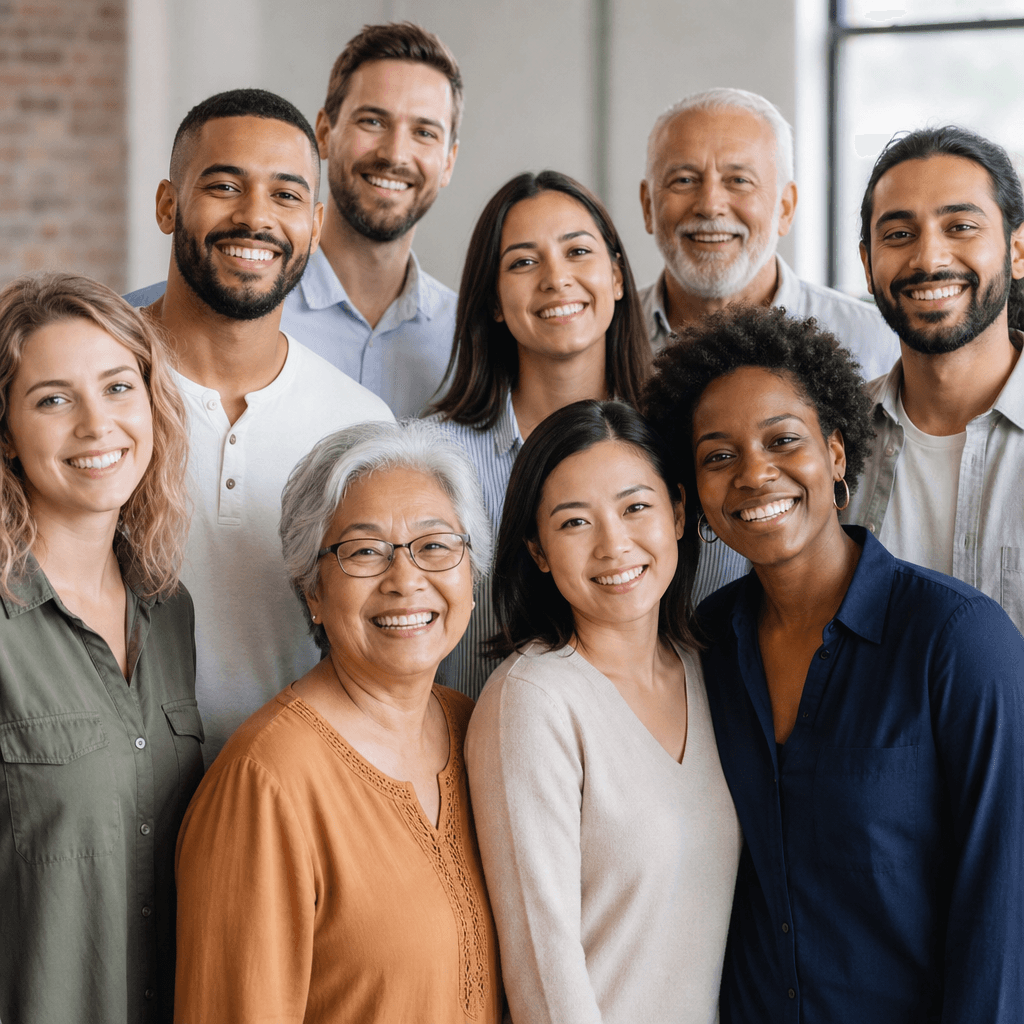 Group of diverse happy individuals, various skin tones and ages, friendly approachable expressions, professional yet war