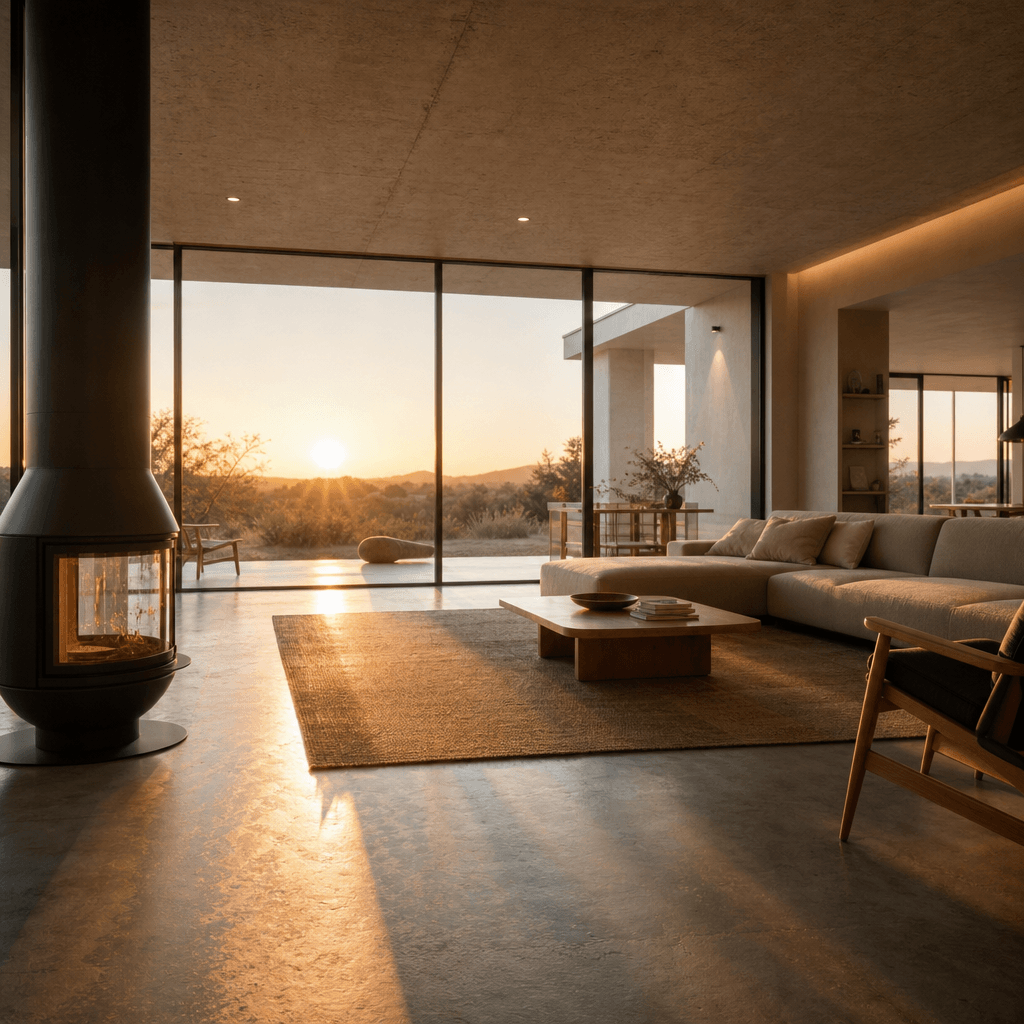 Cinematic architectural visualization still: a sun-drenched open-plan living room with polished concrete floors, floor-t