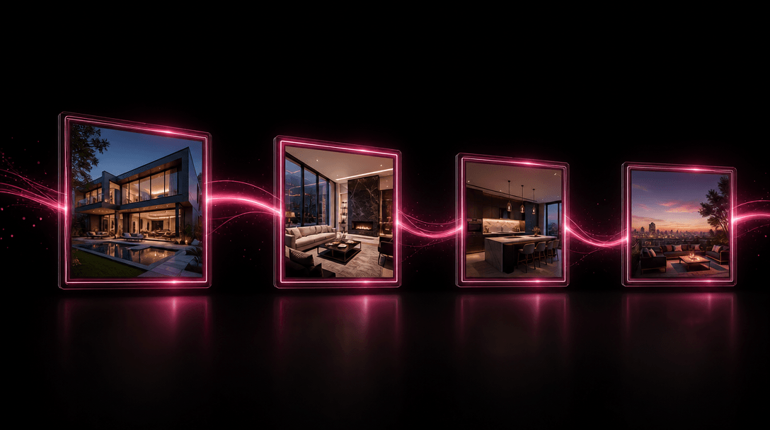 Four glowing property photograph frames arranged in an elegant horizontal sequence, suspended in deep near-black space, 