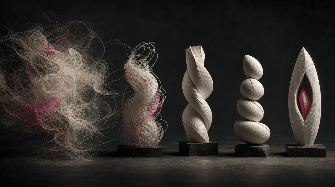 A wide dark editorial scene where an abstract cloud of tangled translucent threads transforms into four crisp illuminate