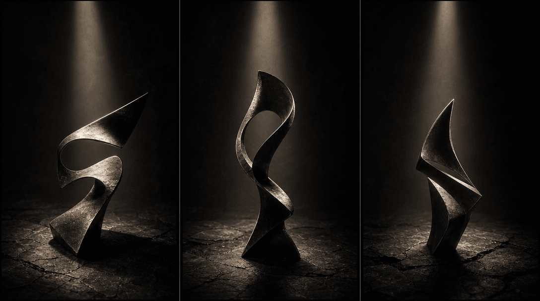 Three narrow beams of light reveal different facets of one abstract metallic sculpture across a dark stone surface, cine