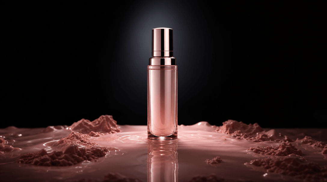 A single glossy cosmetic bottle isolated in a pool of pale pink glaze, precision spotlight defining the silhouette, subt