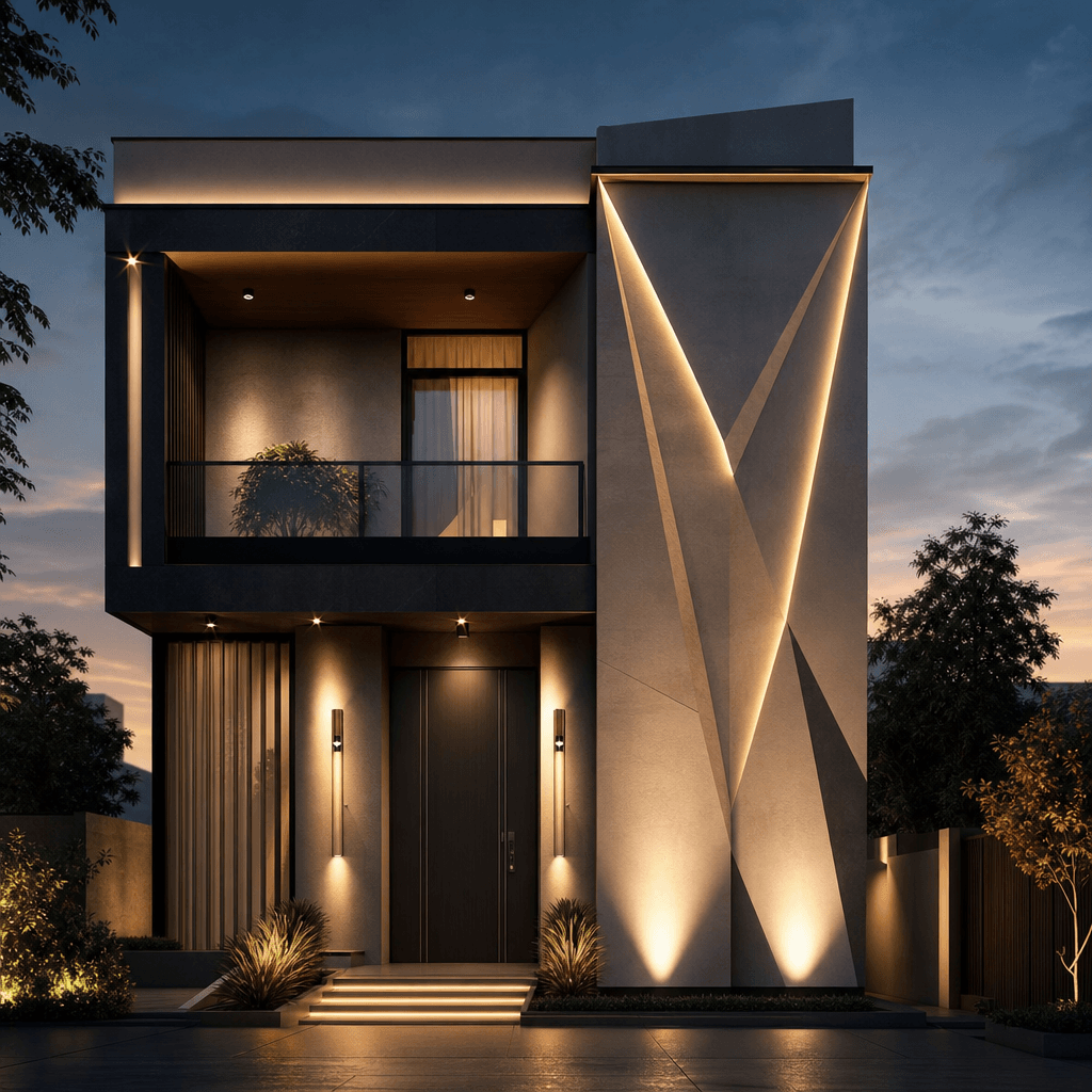 Contemporary architectural facade with dramatic spotlight lighting, geometric facade illuminated, professional color gra