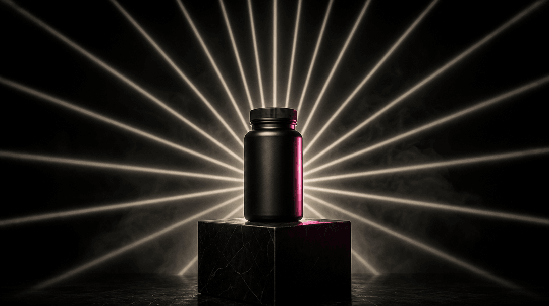 A single unbranded supplement bottle isolated on a monolithic black pedestal while dozens of narrow beams converge preci