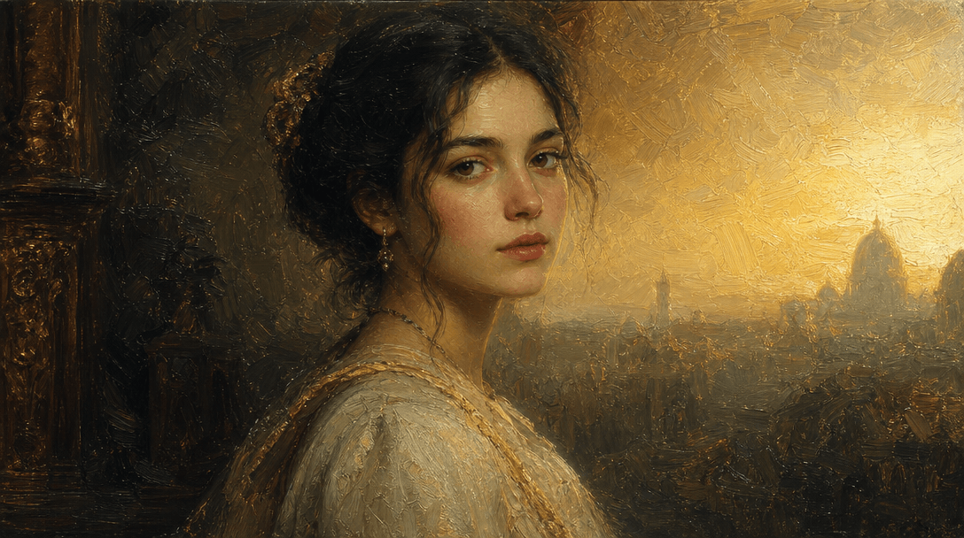 Oil painting texture and brushstrokes appearing over a portrait, warm golden light spreading, classic museum painting st