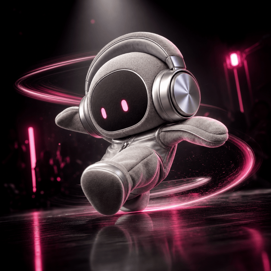 A futuristic plush mascot shaped from the design language of silver headphones spins through a dance battle, with soft m