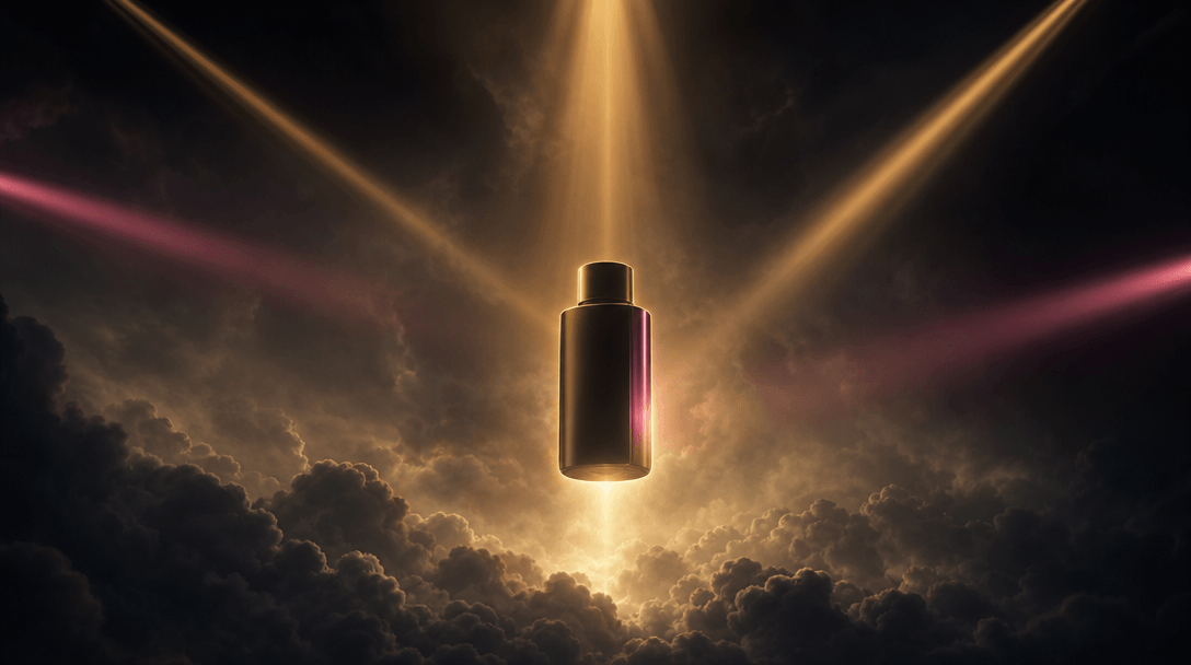 Several distinct beams of cinematic light converge on one floating product silhouette above a dark cloudscape, symbolizi