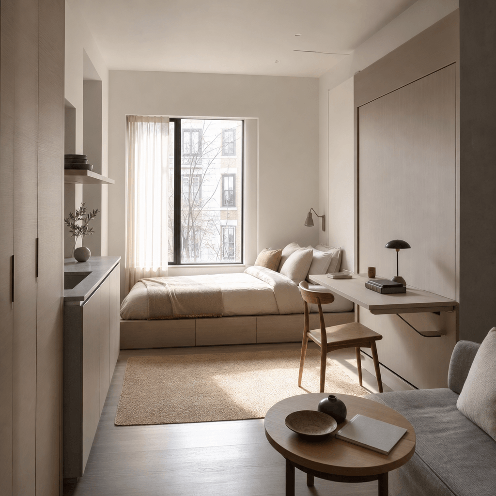 Photorealistic AI-rendered compact studio apartment in a Japandi aesthetic — low platform bed, fold-down wall desk, mute