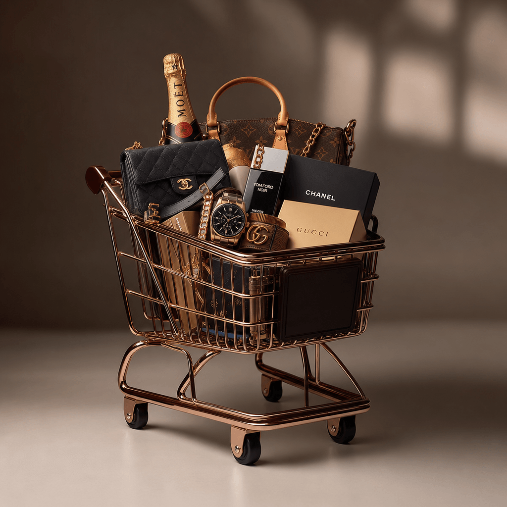 Luxury items bundle in shopping cart, premium product photography, sophisticated lighting, professional editorial style.