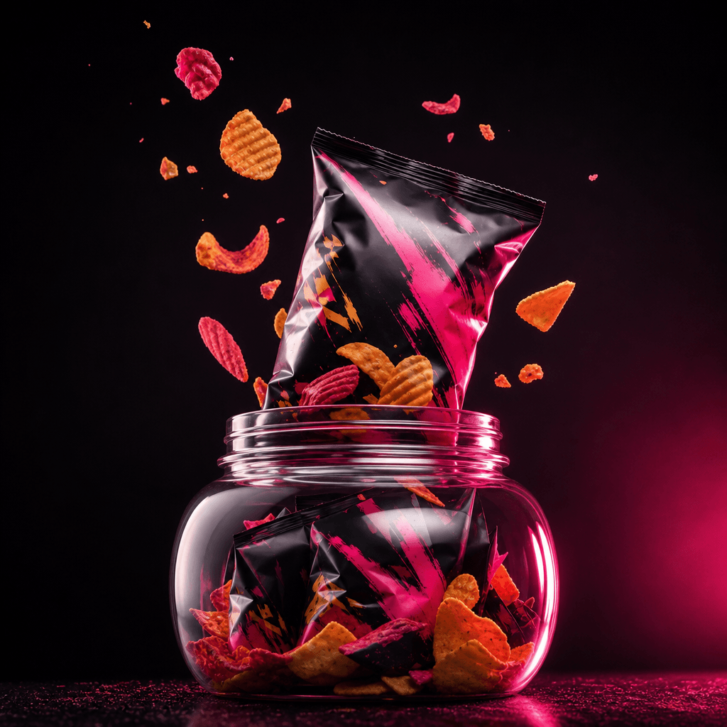 A colorful snack packet pulled upward from a wide glass jar, with a few abstract crisp shapes floating around the openin