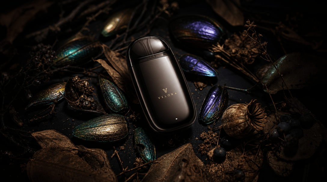 A dramatic product hero composition of a compact glossy device placed at the center of a dark scene, surrounded by scatt