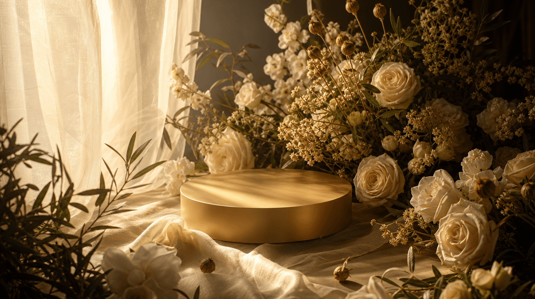 Atmospheric luxury still life: soft morning window light falling through sheer translucent fabric onto a matte gold prod