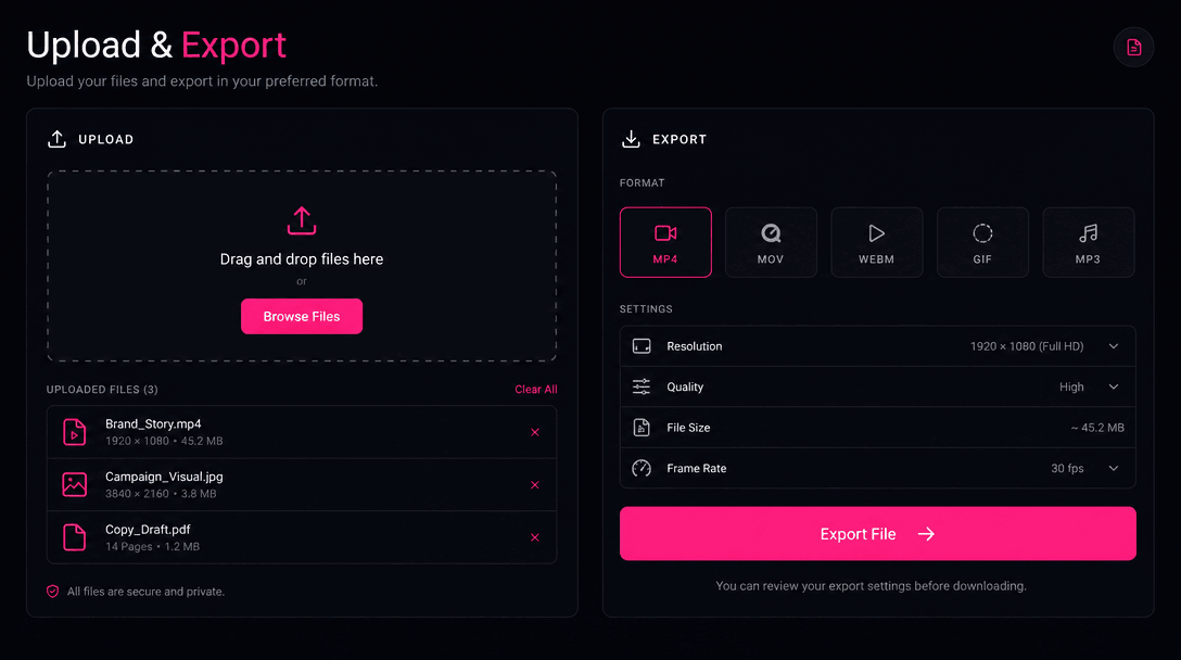 Upload and export interface concept with dark background near #0A0A0F. Hot pink #FE28A7 accent buttons, minimalist clean