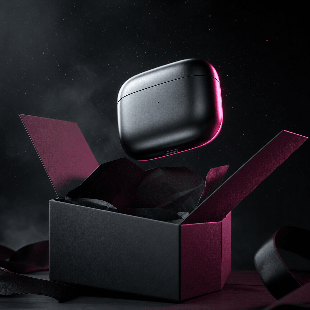 A sleek unbranded wireless earbud case emerging from an open charcoal gift box, photographed in a dark editorial style. 