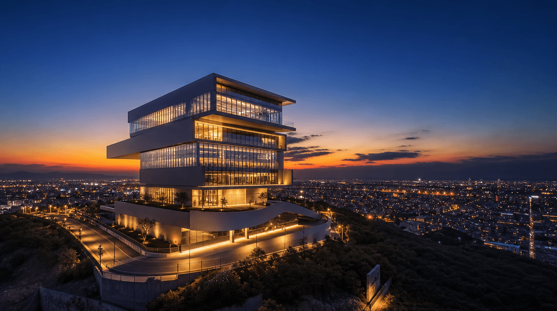 Cinematic aerial wide shot of a sleek contemporary building at blue hour, city lights beginning to glow in streets below