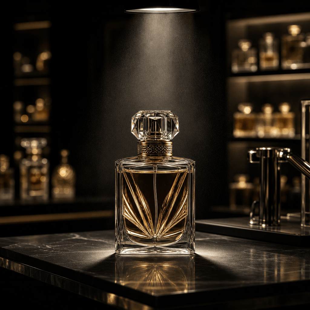 A luxury perfume bottle on a black retail counter beneath a focused overhead spotlight, with blurred fragrance displays 