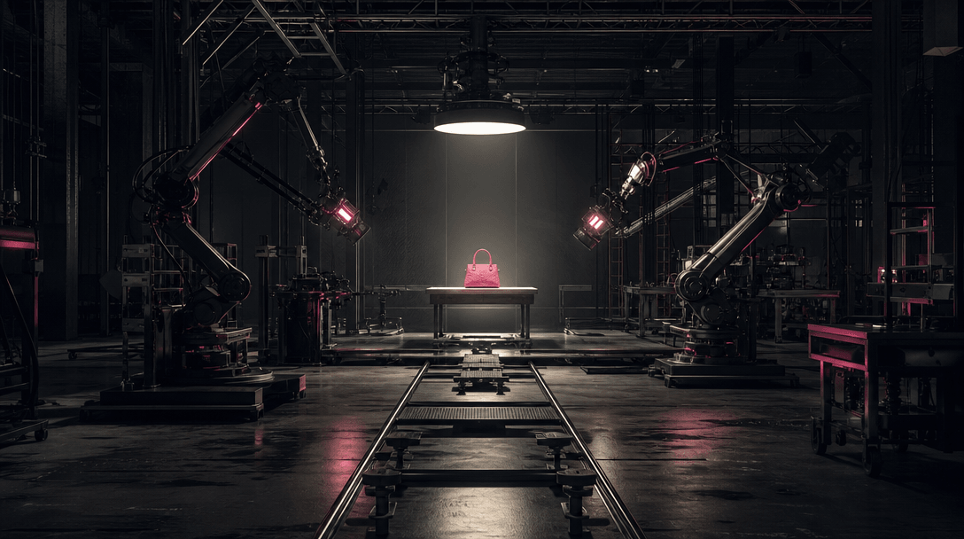 An empty factory-scale film set represented by dramatic machinery, overhead lights, tracks, and worktables converging on
