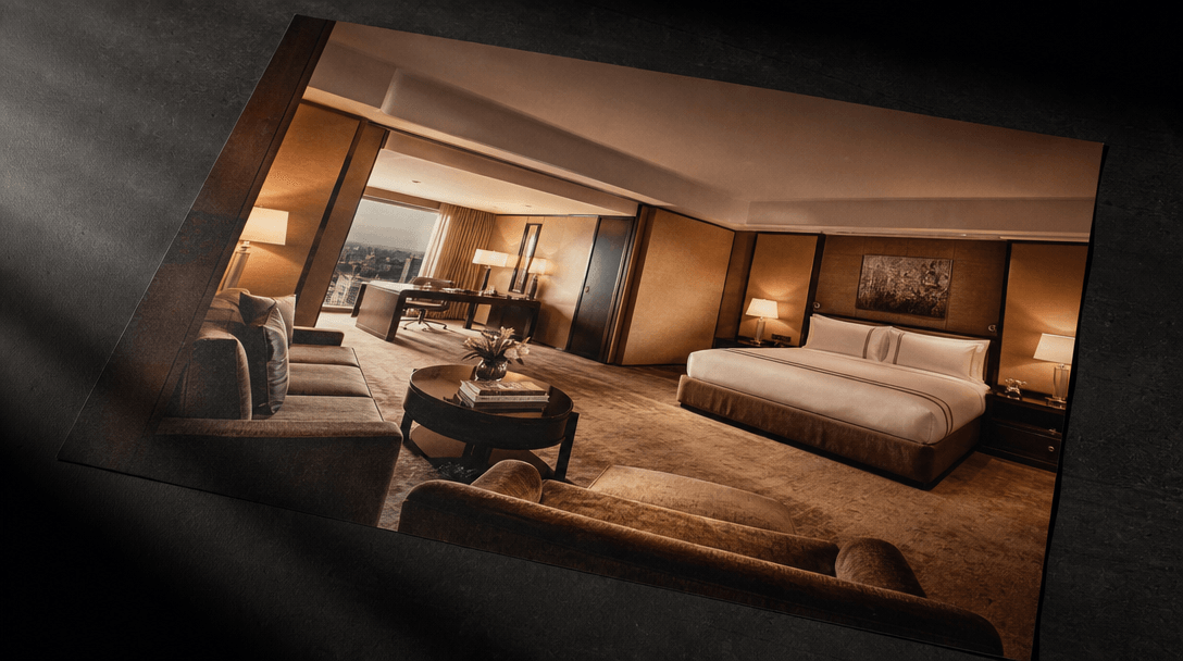 A large-format professional hotel room photograph resting on a dark matte stone surface. A single studio light rakes acr