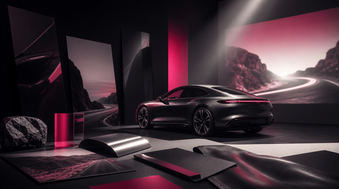 A coordinated automotive campaign still life with a hero car, printed photographic panels, metallic material samples, di