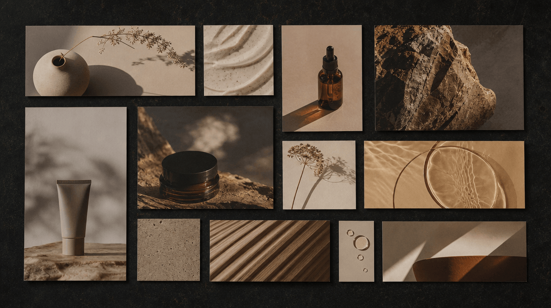 Abstract top-down flat-lay of product photography prints arranged in a modular grid pattern on a dark textured surface, 