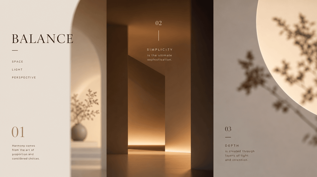 Abstract geometric composition with balanced three-section layout, soft gradients of warm interior lighting, architectur