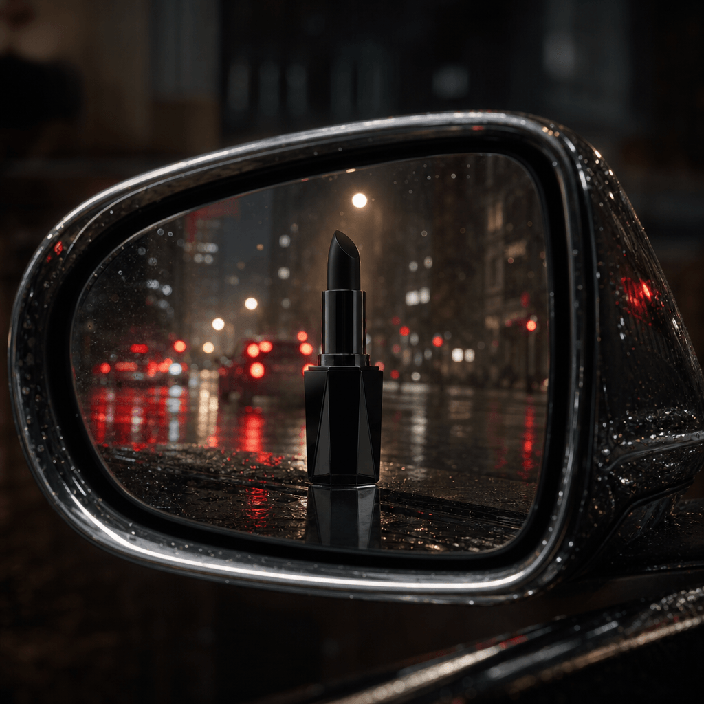 A sculptural black lipstick case centered in a car side mirror, reflected against a rain-darkened city street at night, 