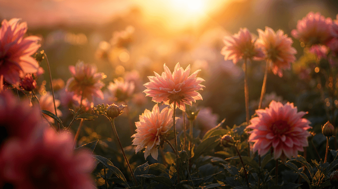 Abstract cinematic shot of blooming flowers in gentle motion, rich color transitions through garden scenes with depth la