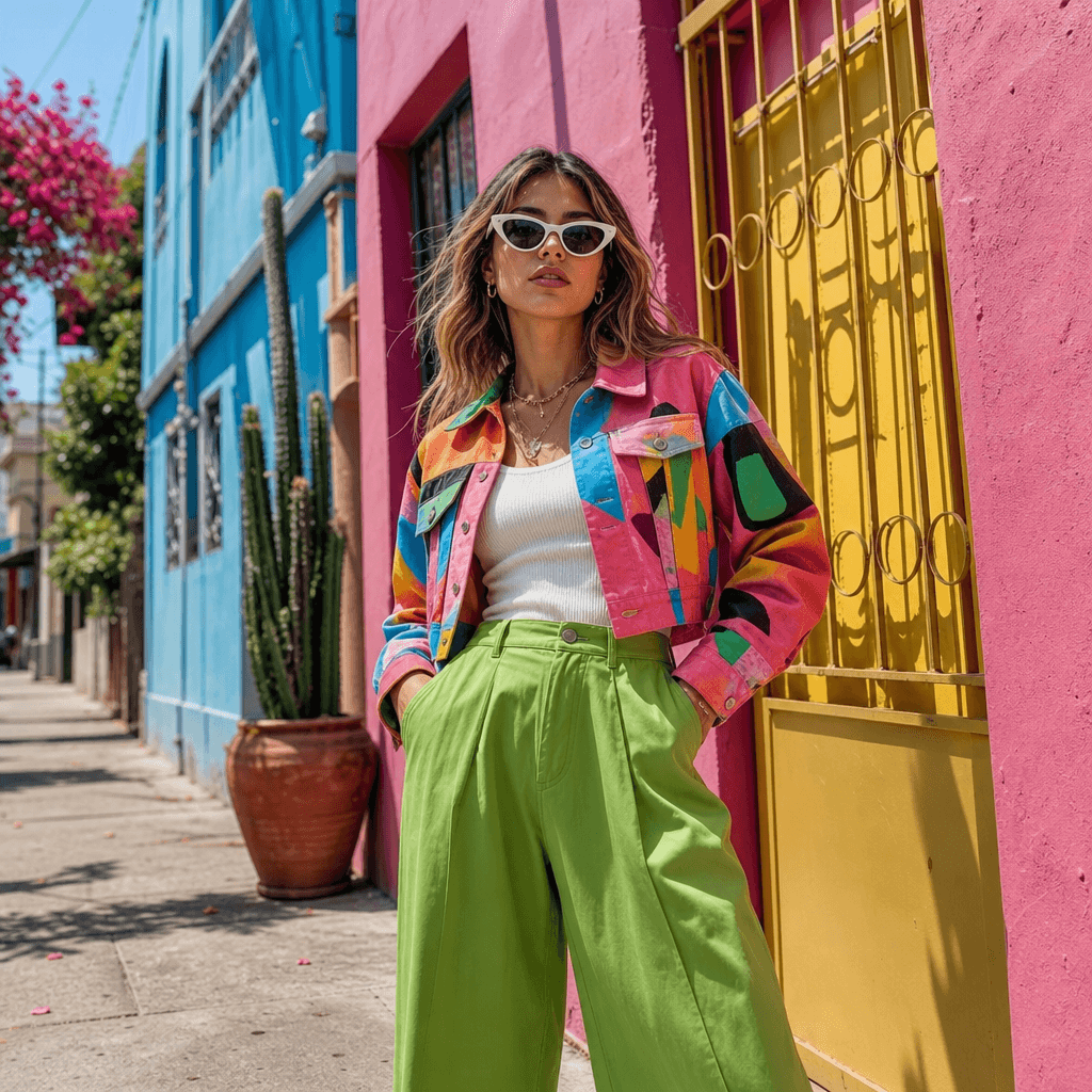 Fashion-forward outfit in neighborhood street setting. Colorful building background, midday light. Contemporary street-s