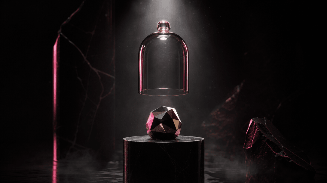An abstract glass cloche lifting above a faceted metallic object on a monolithic black pedestal, visualizing anticipatio