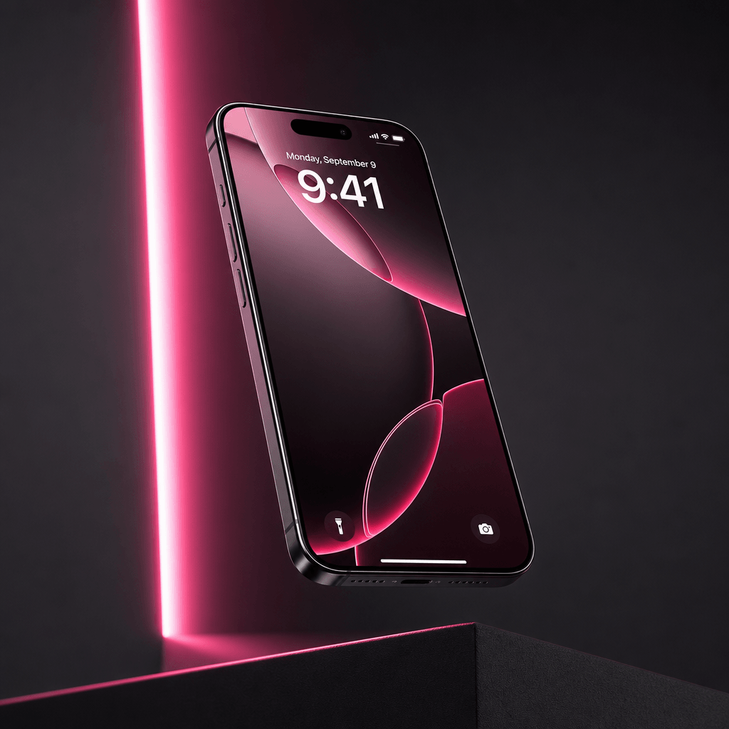 Premium smartphone mockup suspended on dark charcoal background with neon-like hot pink accent lighting. Sharp cinematic