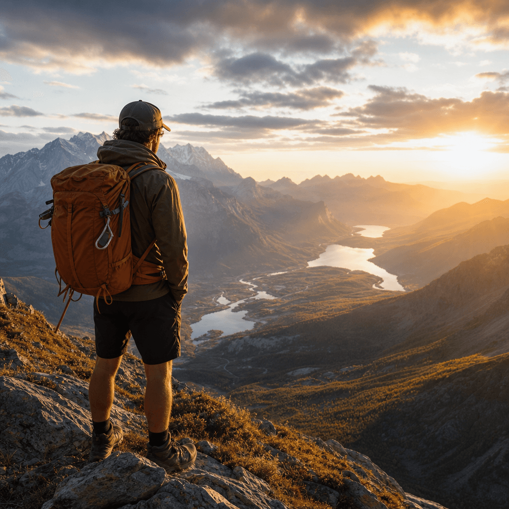 Adventurer at mountain peak with scenic valley landscape behind. Golden alpine light, scenic overlook composition, wilde