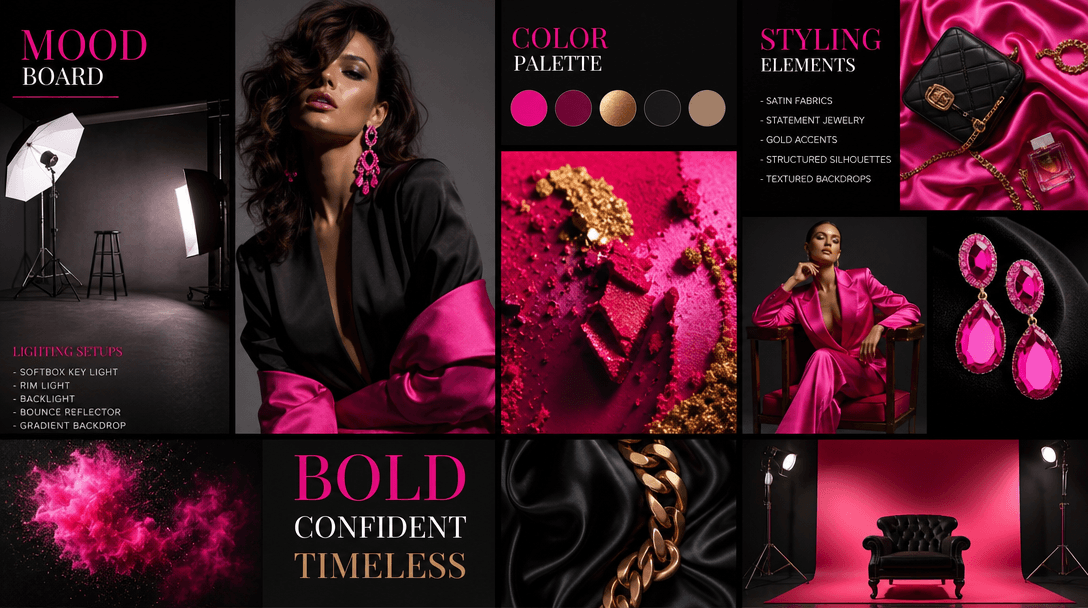 Abstract fashion mood board: professional lighting setups, high-end styling elements, glamorous color palette with hot p