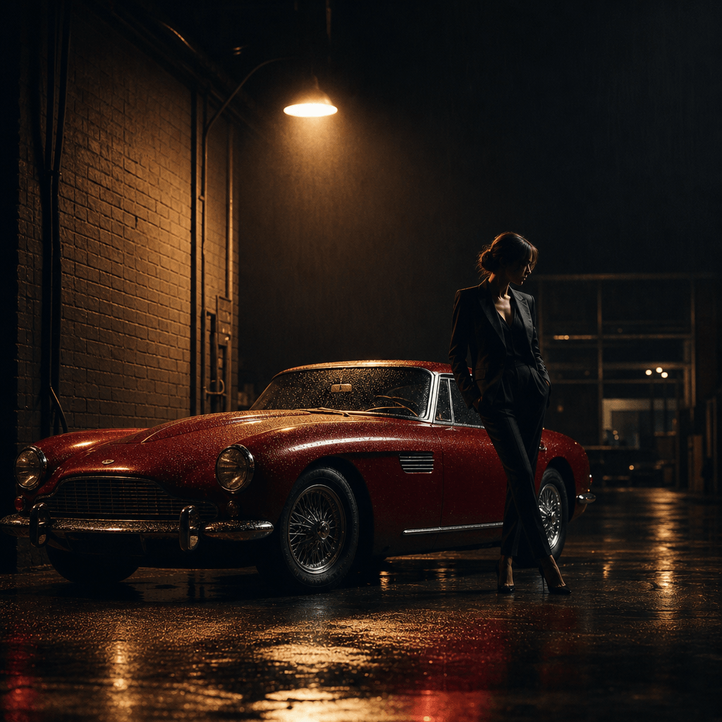 Anonymous model standing beside a vintage red grand tourer at night beneath a single industrial streetlight, rain-slick 
