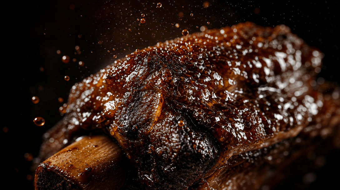 Extreme close-up cinematic still of a single glazed braised short rib — micro-droplets of dark sauce lifting off the gli