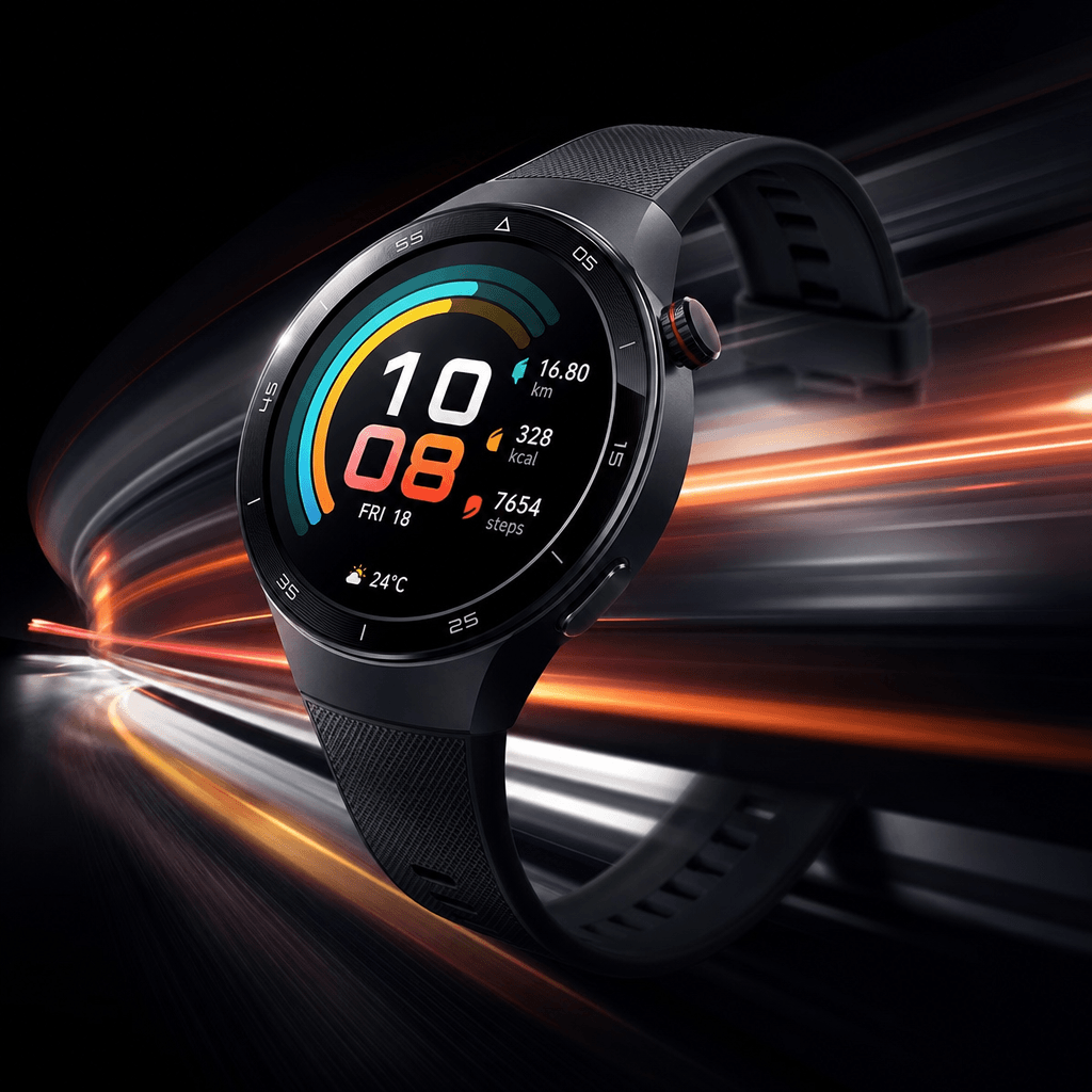 Fitness accessory (watch/tracker) captured with kinetic energy, motion lines suggesting action, studio lighting creating