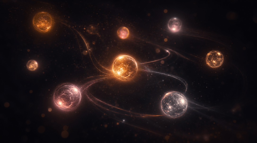 Abstract cinematic scene: multiple glowing orbs drifting in deep dark space, each a subtly different hue of amber, rose,