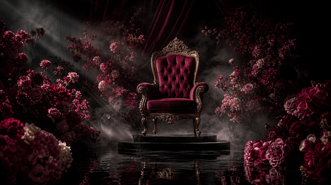 A production-ready editorial set featuring an empty velvet throne surrounded by dimensional flowers, subtle fog, black r