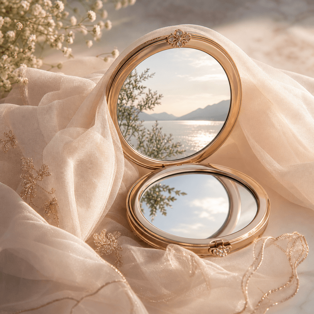 Illustrate a compact mirror elegantly wrapped in a soft veil, capturing the reflection of a serene environment, emphasiz