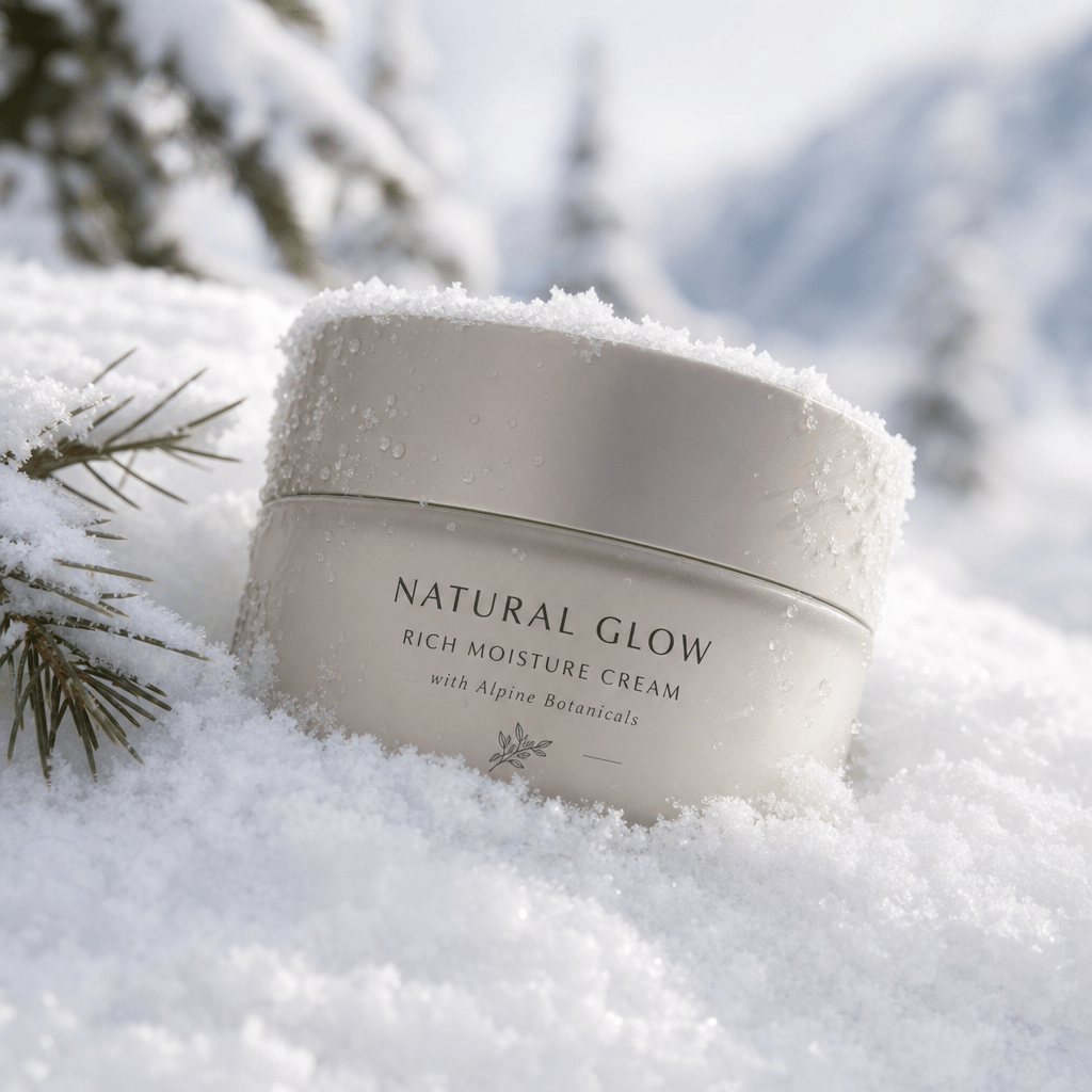A beauty product partially buried in fresh snow, emphasizing the winter theme and natural beauty.