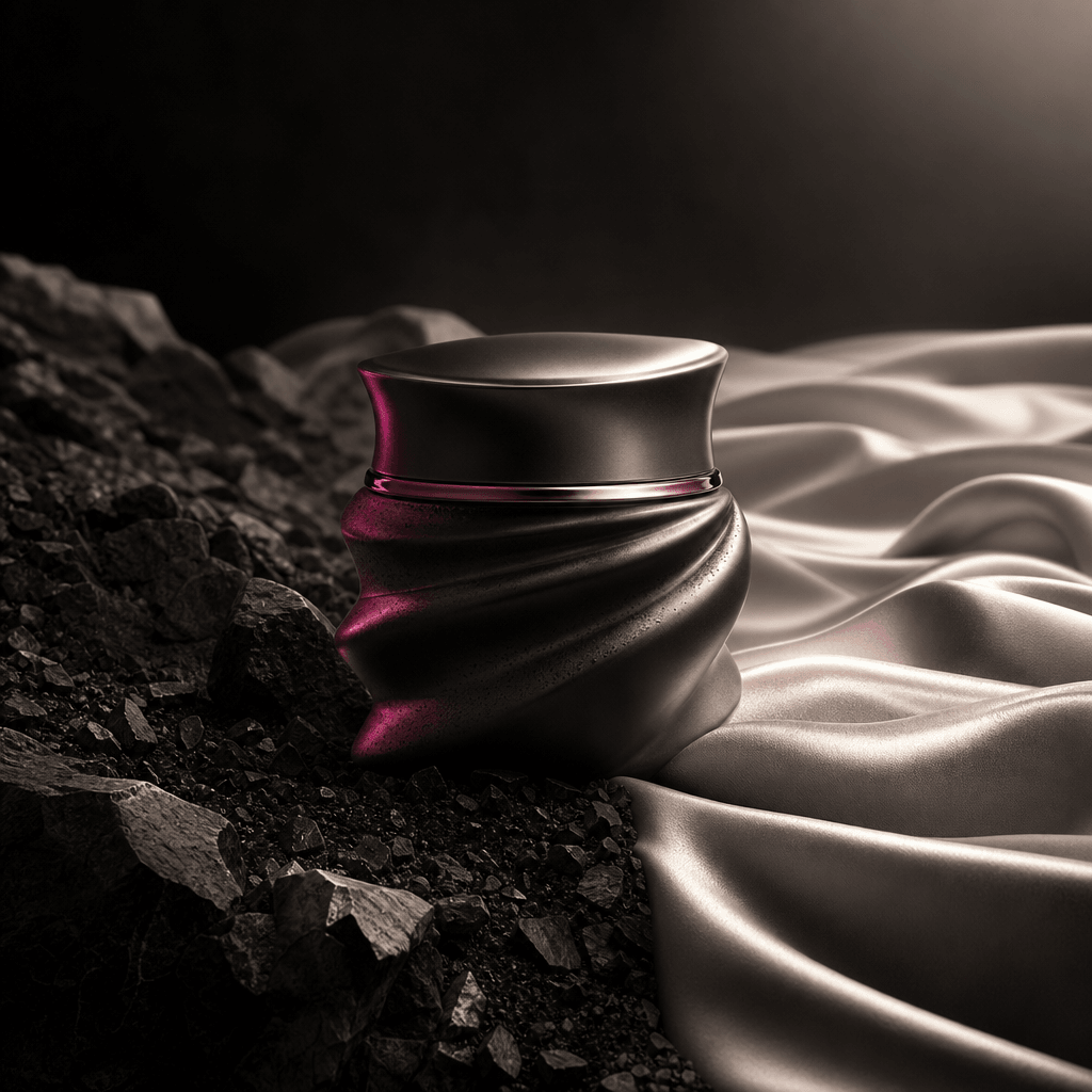 A sculptural skincare jar transforming a dark mineral landscape into flowing satin dunes, cinematic studio lighting, pre