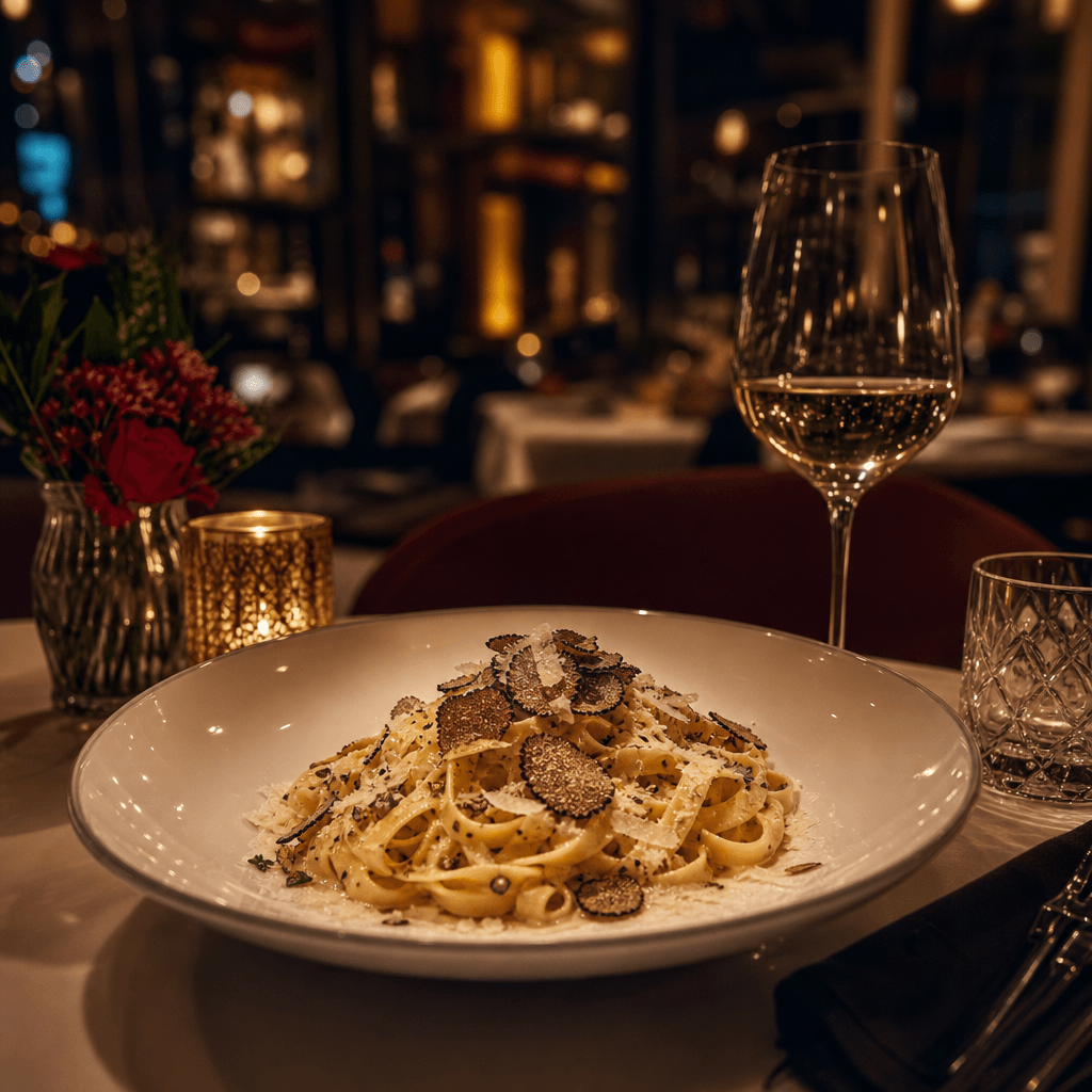 Intimate restaurant dining scene with soft atmospheric lighting. Beautifully plated pasta dish positioned on table, warm