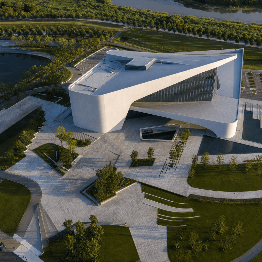 Real-world drone photograph of a newly completed contemporary cultural building surrounded by landscaped public grounds,