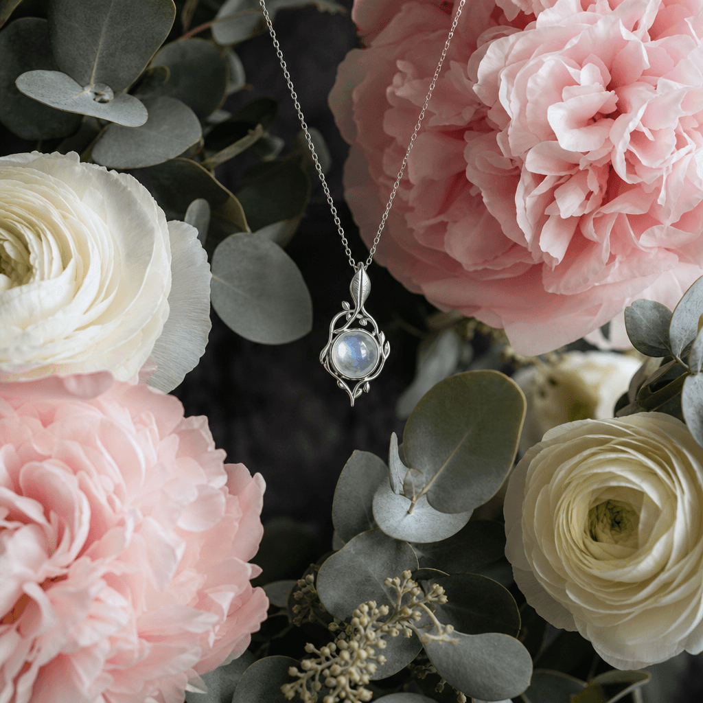 A delicate silver pendant necklace with a small moonstone suspended at the center of a lush floral arrangement — blush p