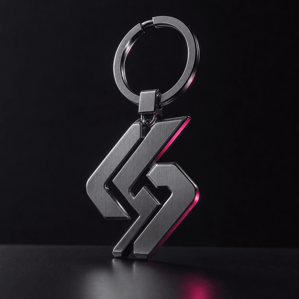 A brushed metal keychain shaped around an abstract brand symbol, suspended above a matte black surface, cinematic rim li