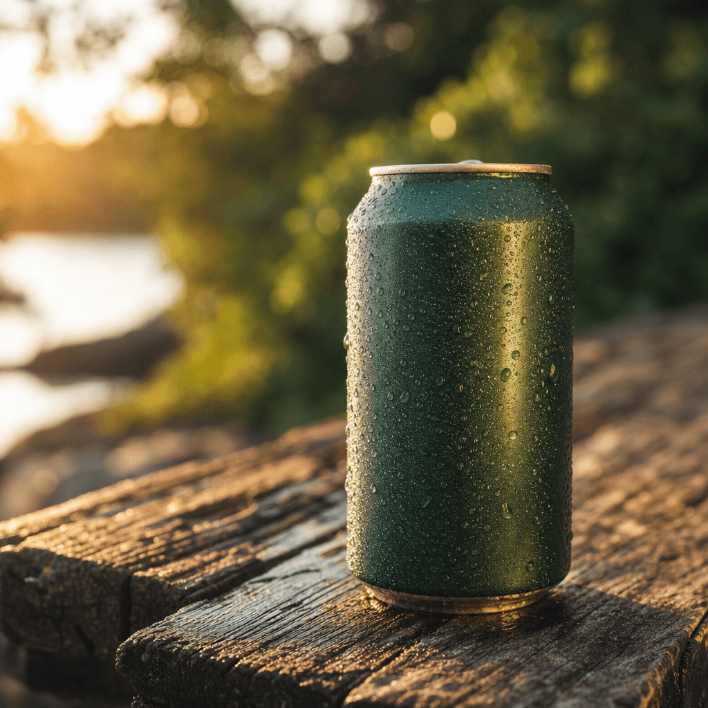 Craft beer can sitting on a weathered wooden surface in golden-hour outdoor light, condensation clearly visible on the c