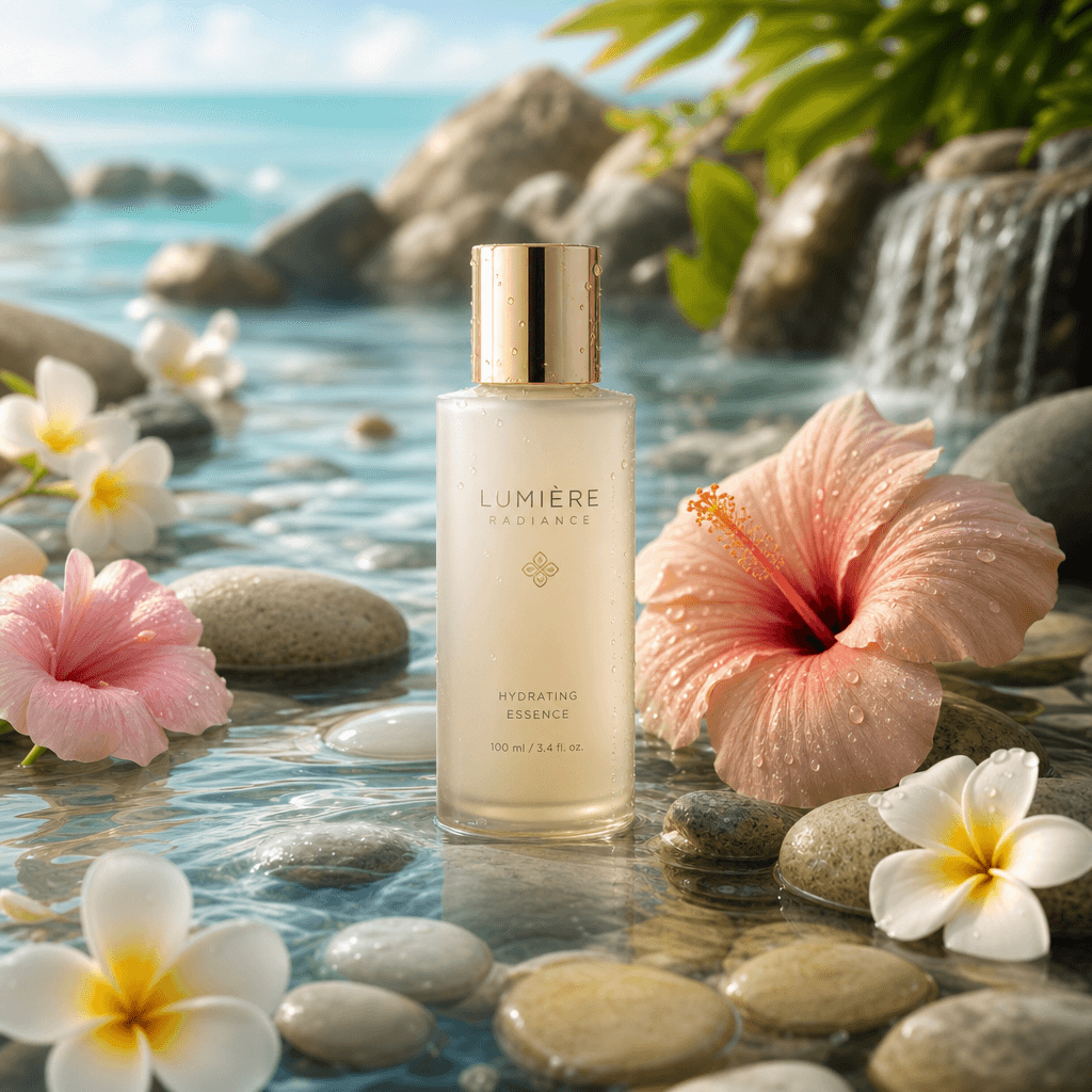 Beauty cosmetic bottle amid tropical flowers and smooth pebbles in shallow lagoon water. Soft natural lighting, serene s