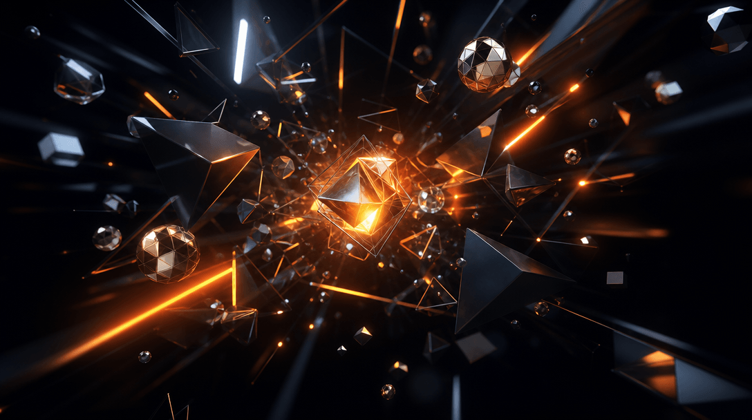 Rapid sequence of geometric shapes, colors, and light effects assembling together in space, cinematic motion, dark edito
