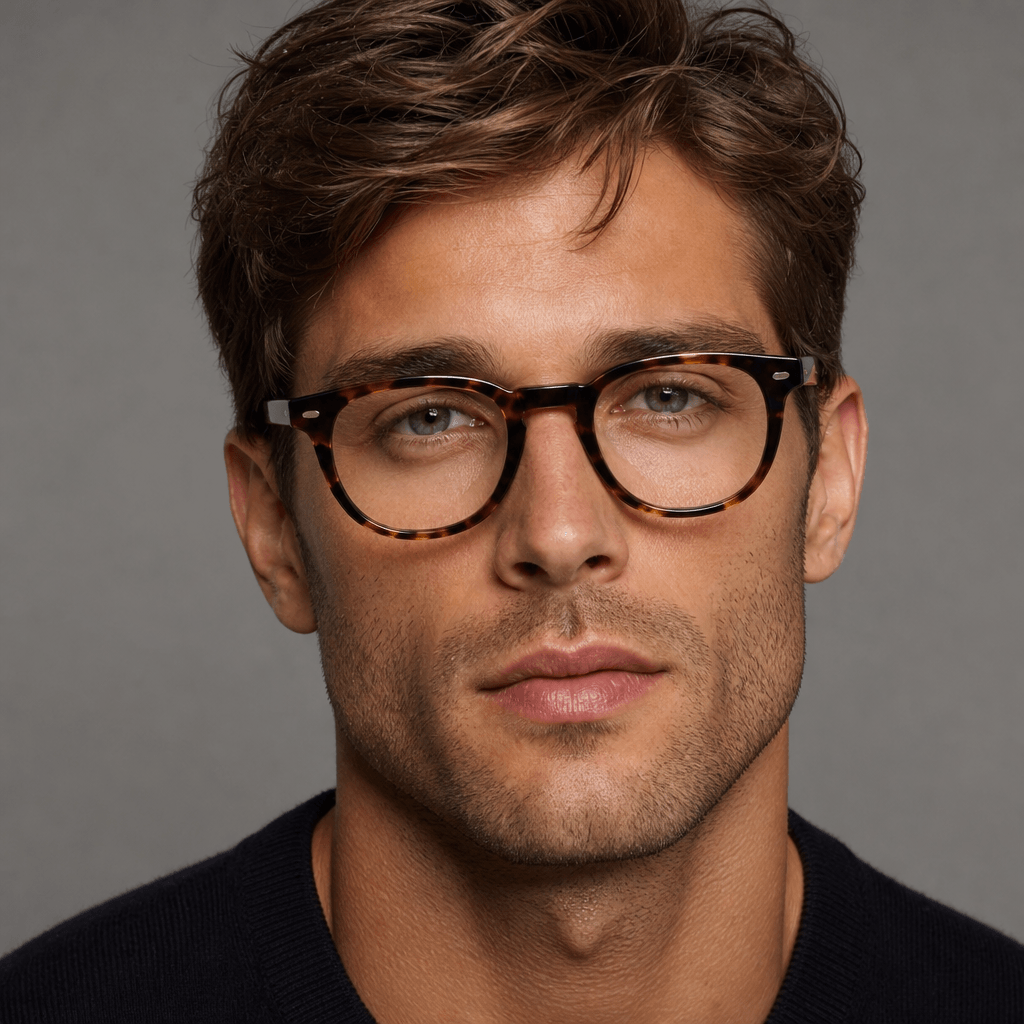 Front-facing close-up portrait of a man wearing thick acetate tortoiseshell frames, warm soft studio lighting from above